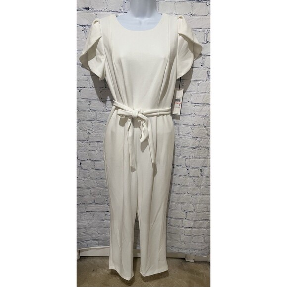 NWT Calvin Klein Cream jumpsuit with a tie waist And Gold Zipper Back Size 10 - Picture 1 of 12